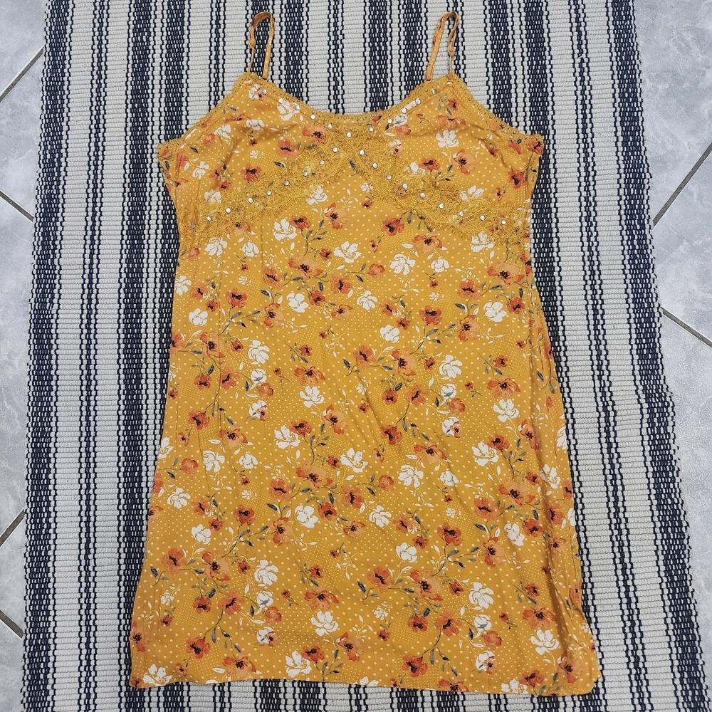 Idyllwind Yellow Floral Country Sleeveless Lace Trim Studded Sundress Rayon‎ XL